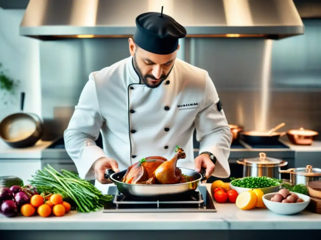 Un chef francés prepara Coq au Vin en una cocina moderna, fusionando técnicas tradicionales con un ambiente contemporáneo