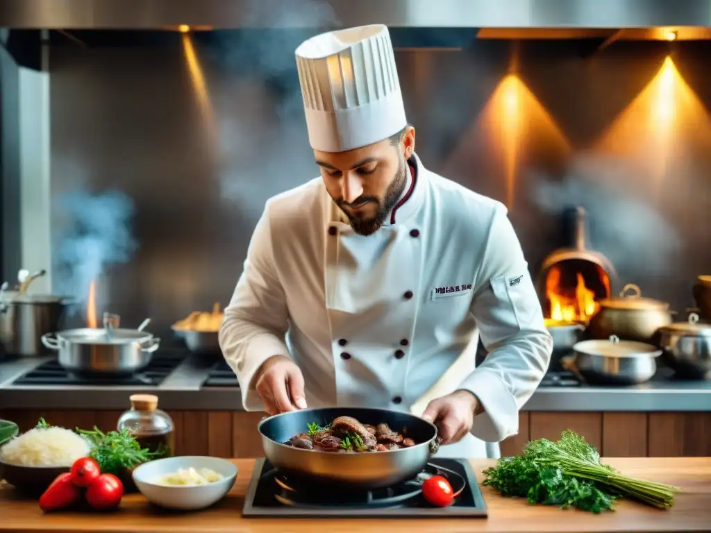 Un chef francés prepara Coq au Vin en una cocina bulliciosa