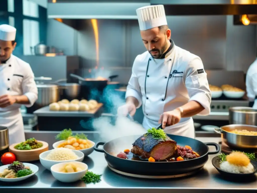 Un chef elaborando Coq au Vin, fusionando técnicas francesas con platos internacionales