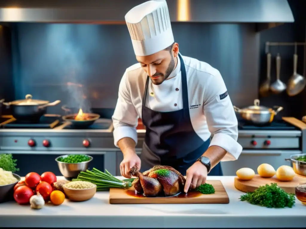 Un chef francés prepara un Coq au Vin en una cocina tradicional, mostrando las técnicas de la cocina francesa