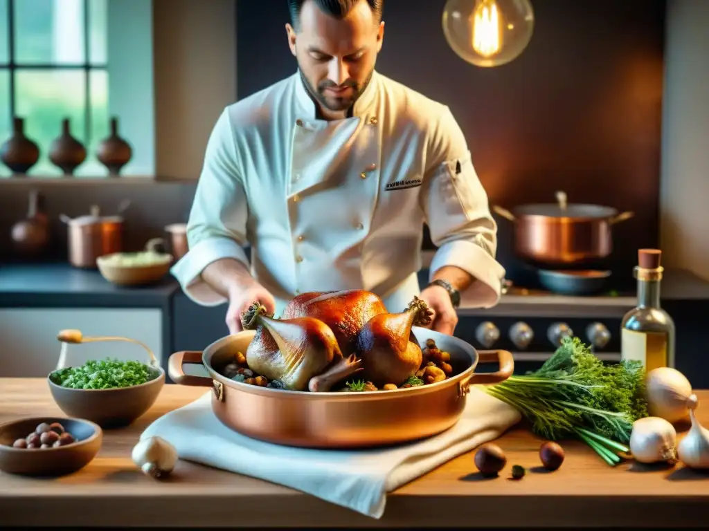 Un chef preparando Coq au Vin en una cocina francesa tradicional, mostrando técnicas para aprovechar ingredientes franceses