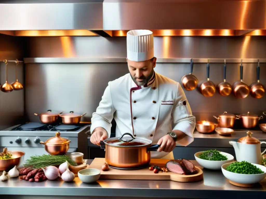 Un chef prepara un Coq au Vin en una cocina francesa con aplicaciones para cocinar recetas francesas