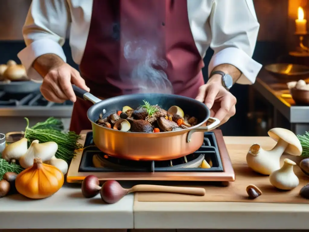 Un chef francés prepara Coq au Vin en una cocina encantadora