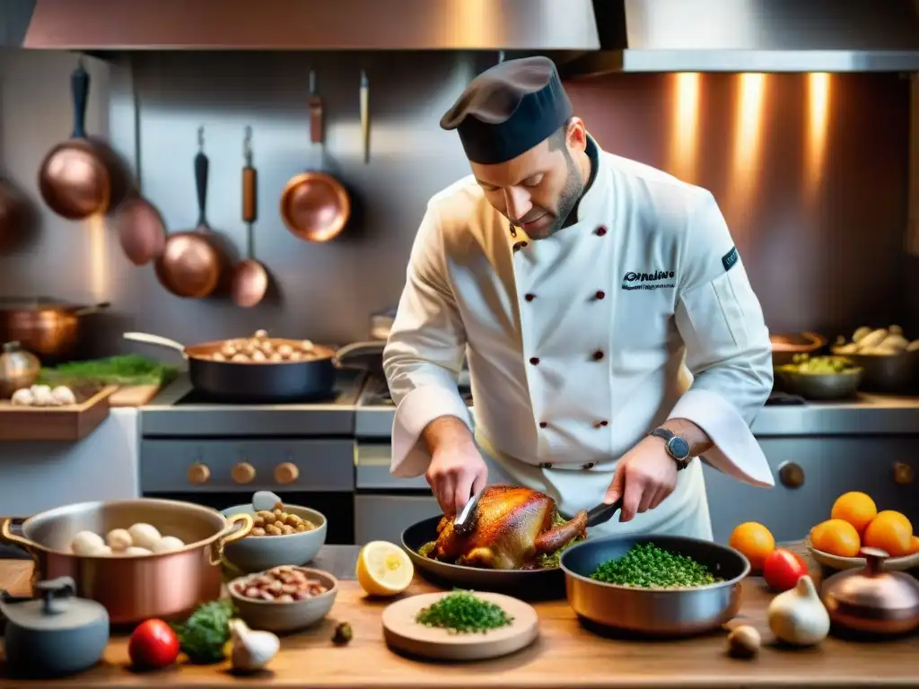 Un chef prepara Coq au Vin en una cocina francesa tradicional