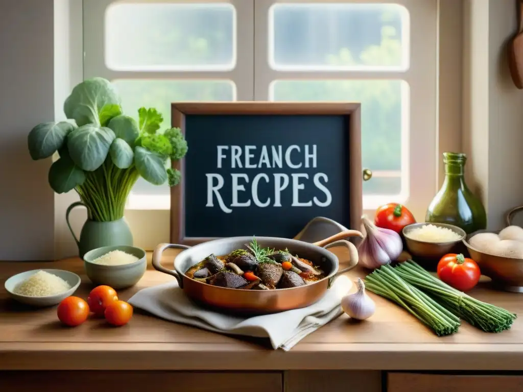 Un chef preparando Coq au Vin en una cocina francesa vibrante