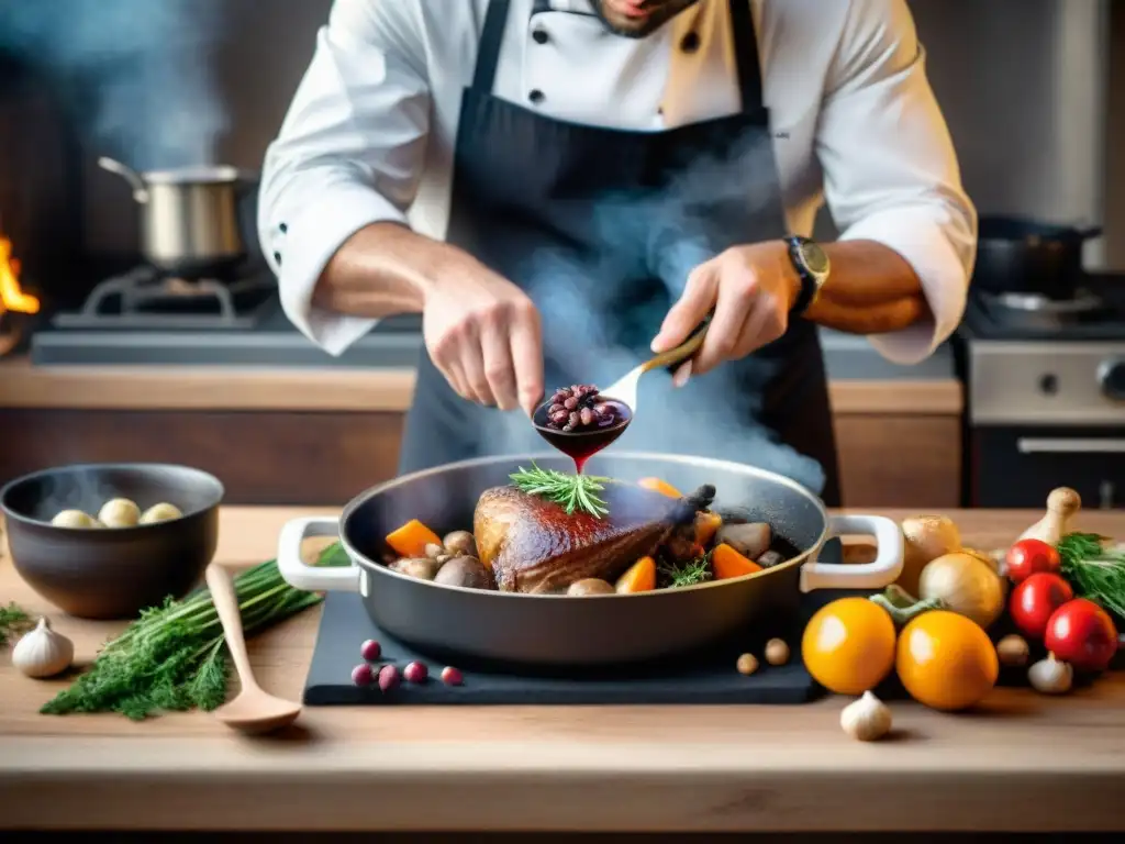 Un chef francés prepara Coq au Vin en una cocina rústica, mostrando técnicas de cocina francesa avanzadas