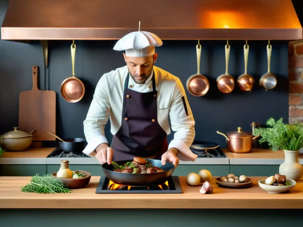 Un chef francés prepara un Coq au Vin en una cocina rústica con Vinos tintos ecológicos de Francia