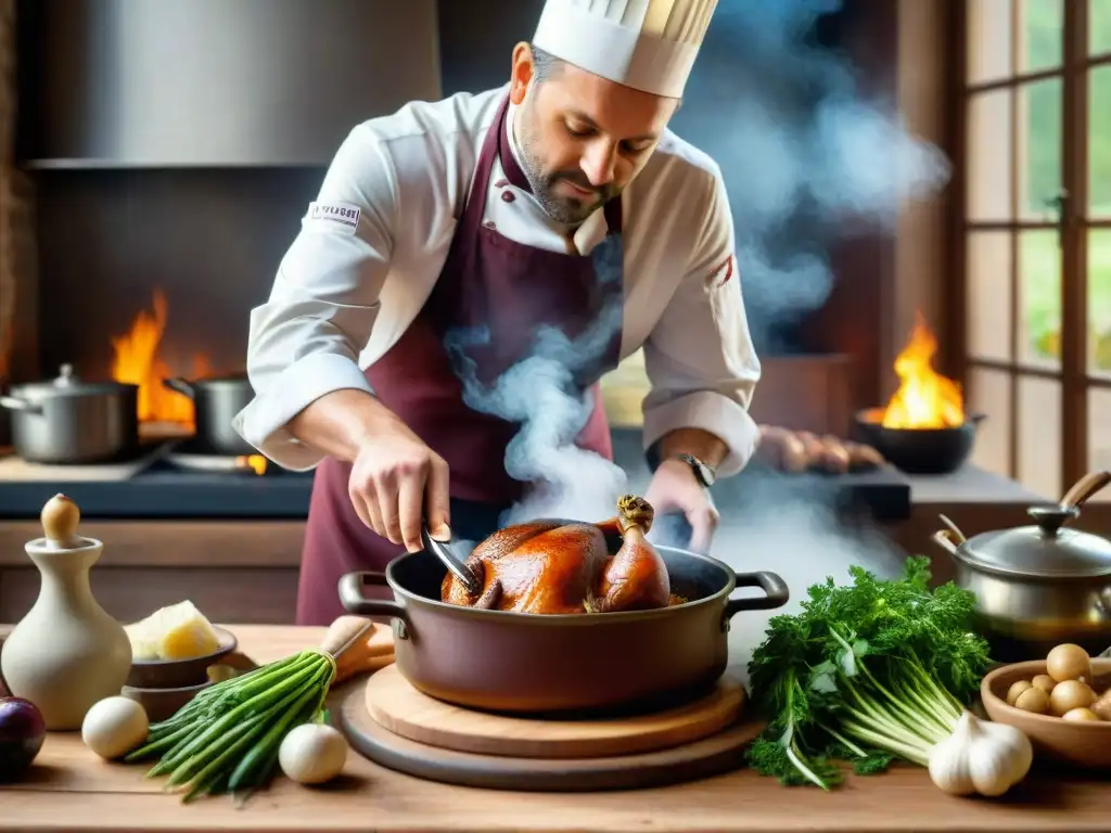 Un chef francés prepara Coq au Vin en una cocina rústica de Borgoña