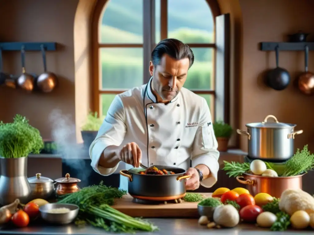 Chef francés preparando coq au vin en cocina rústica