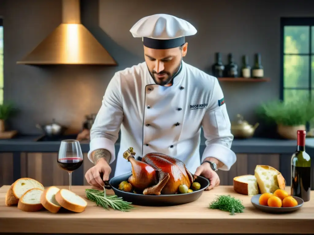 Un chef francés prepara Coq au Vin con vinos biodinámicos franceses en una cocina rústica