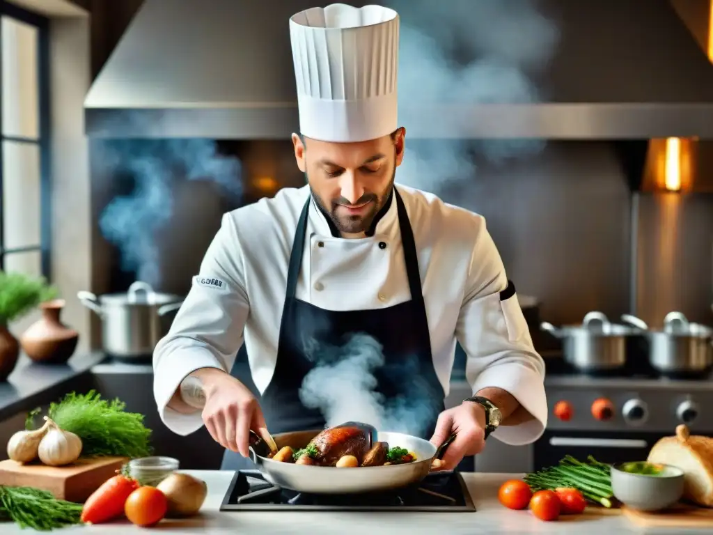 Chef francés preparando Coq au Vin en París