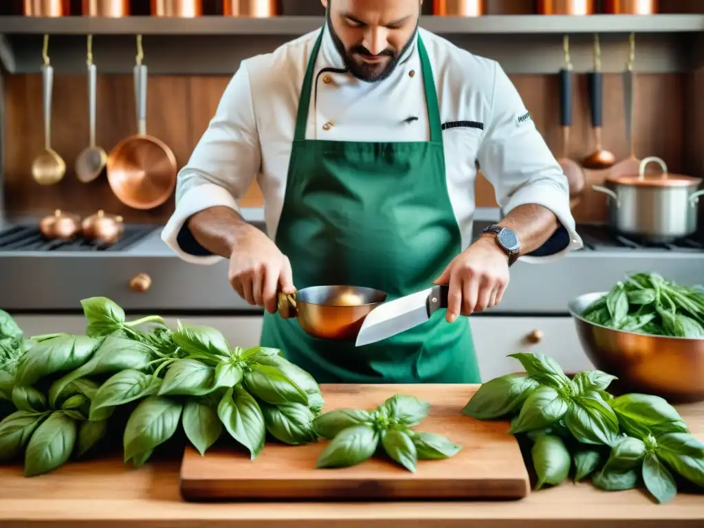 Un chef francés corta albahaca en una cocina provenzal, mostrando la esencia de la cocina francesa