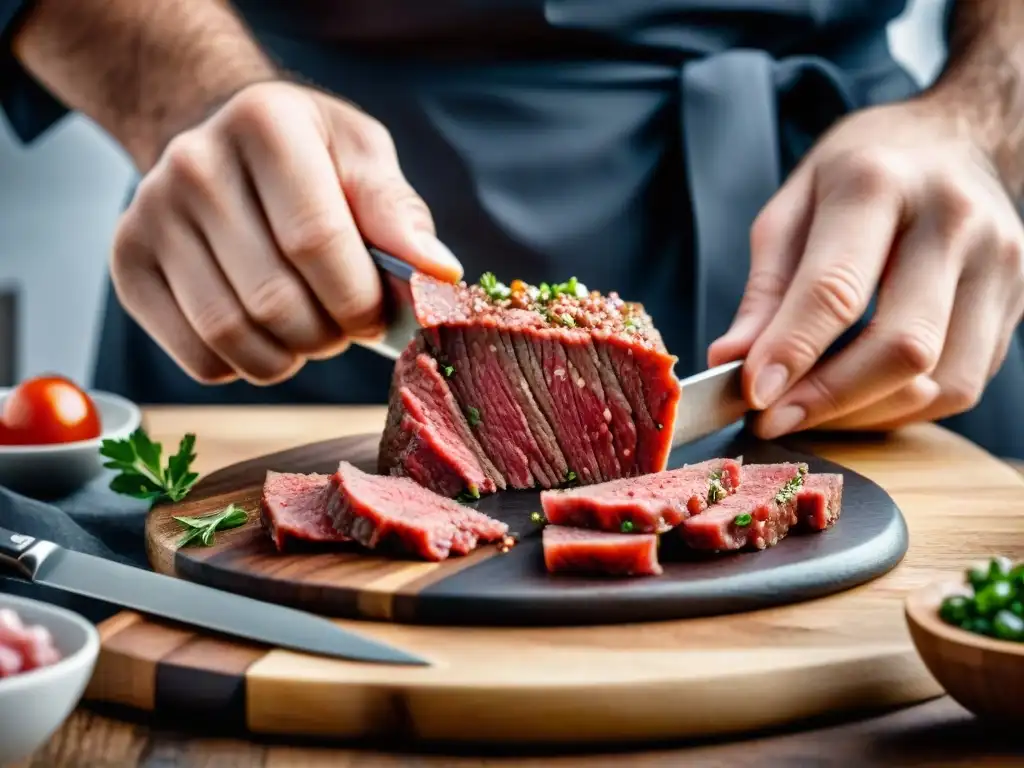 Un chef corta carne para steak tartare, resaltando la precisión al preparar steak tartare en casa