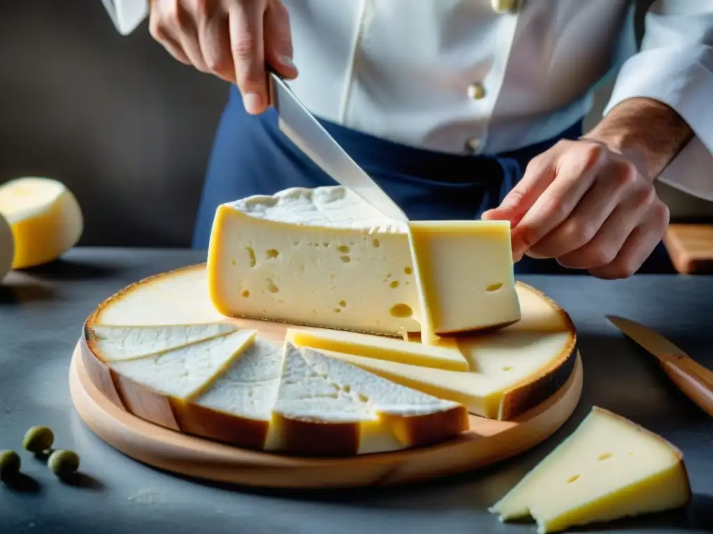 Un chef francés corta con maestría un cremoso Brie, destacando su textura y aroma