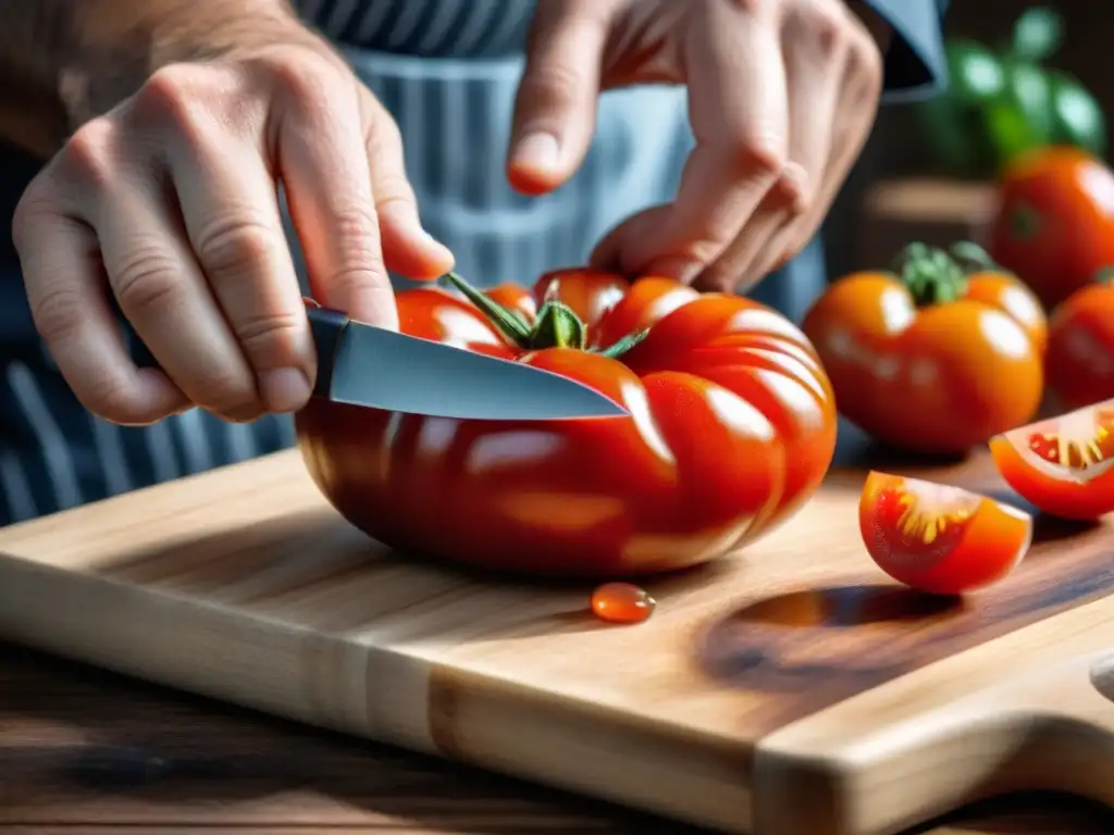 Un chef corta con destreza un tomate maduro en una tabla de madera