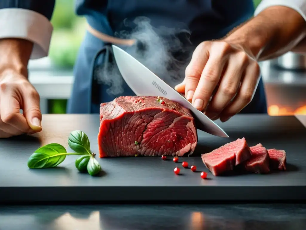 Un chef corta filete mignon para una receta auténtica steak tartare francés