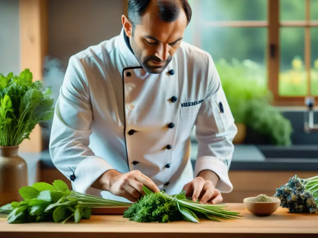 Un chef francés corta hierbas olvidadas en una cocina rústica