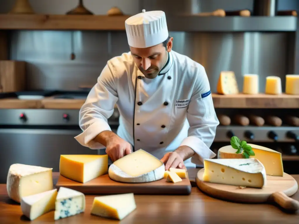 Un chef francés corta con maestría quesos artesanales en una tabla de madera, creando una experiencia culinaria elegante y educativa