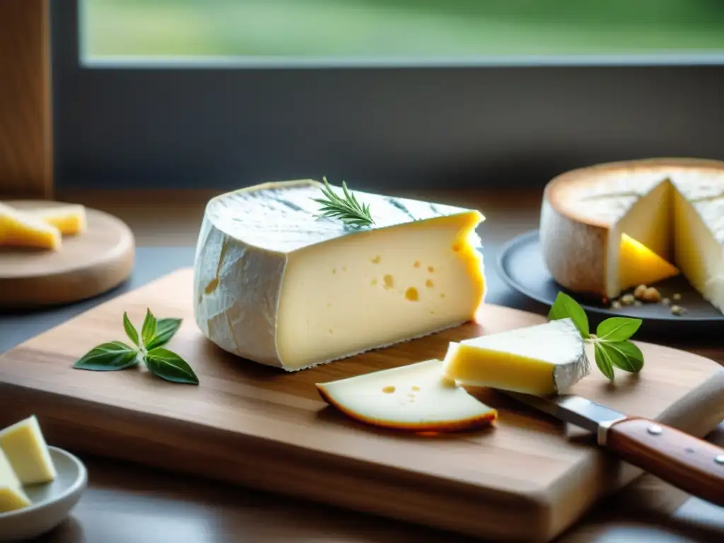 Un chef corta Chèvre en una moderna cocina con Quesos de cabra franceses tradicionales