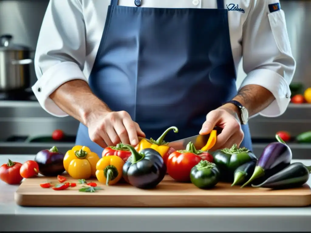 Un chef corta con precisión tomates, pimientos y berenjenas en una cocina moderna para un Ratatouille reinventado