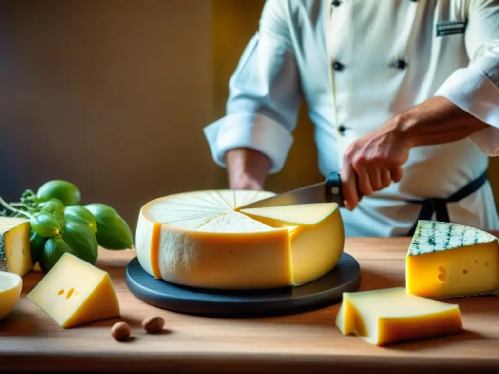 Un chef francés corta expertamente queso añejo, destacando texturas y colores