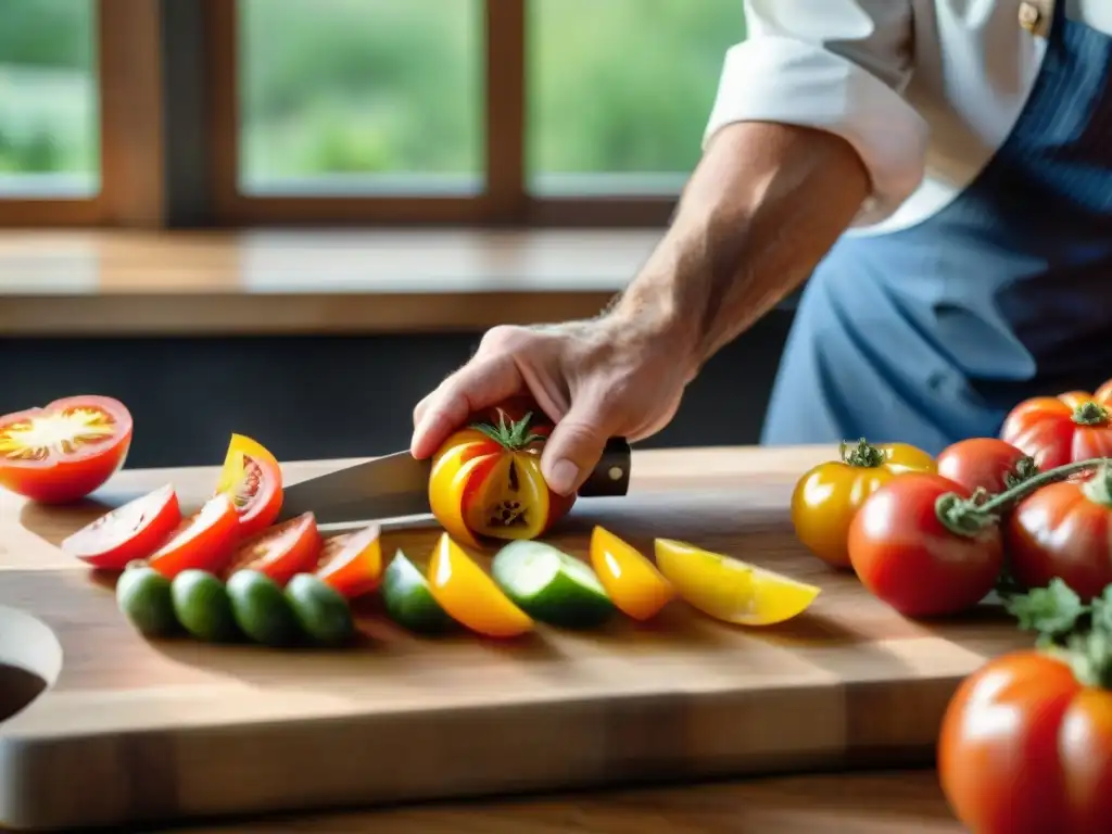 Un chef francés corta tomates de granja, destacando sus manos hábiles y la incorporación de ingredientes locales en gastronomía francesa