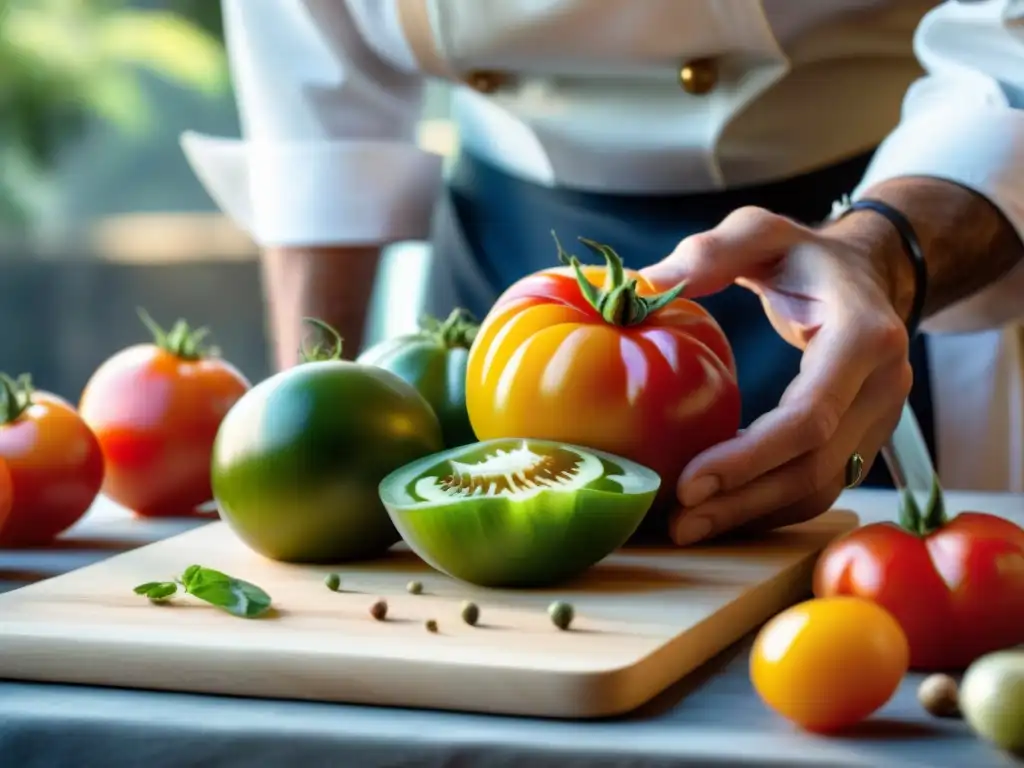 Un chef francés corta tomates hermosos para una receta tradicional, mostrando la maestría culinaria francesa