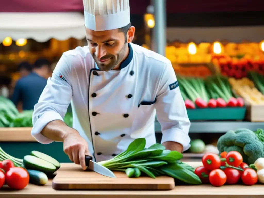 Un chef francés corta verduras frescas en un mercado parisino, transmitiendo maestría culinaria