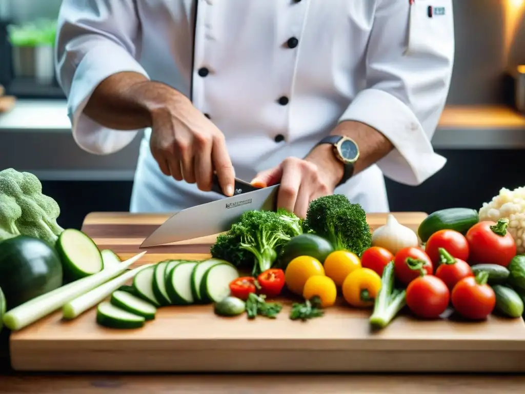 Un chef corta con precisión verduras frescas en tabla de madera