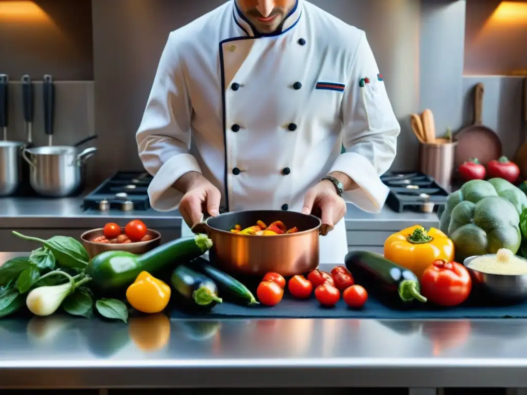 Un chef corta verduras frescas en una cocina provenzal, con una olla de cobre al fuego