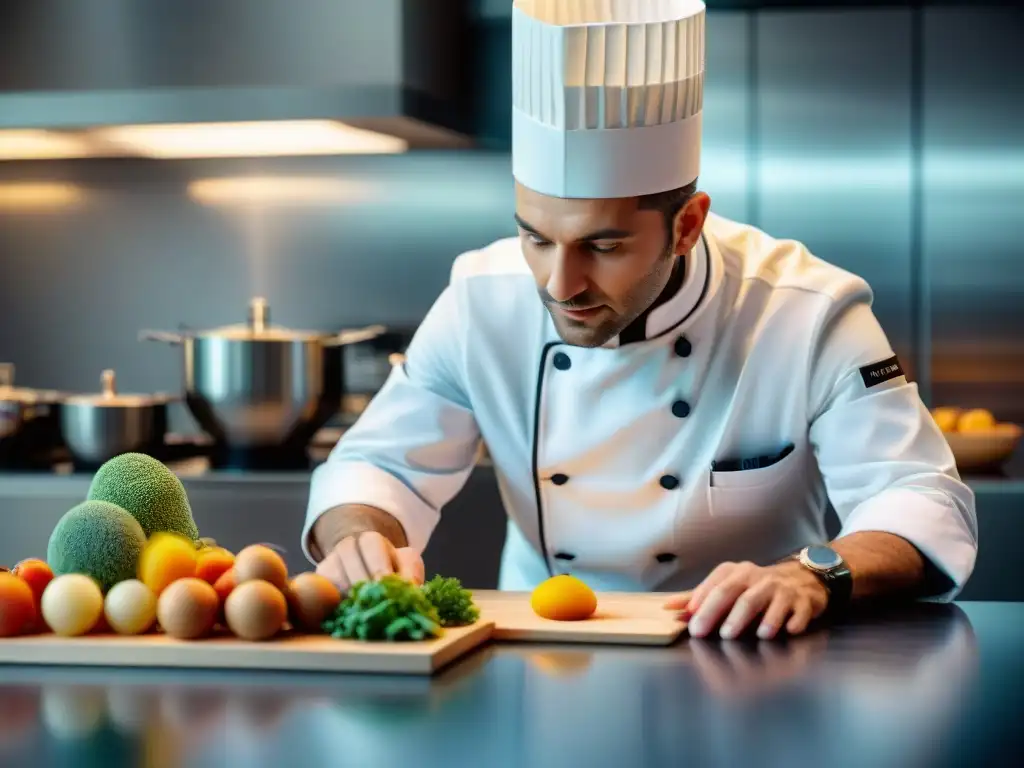 Un chef francés examina una creación impresa en 3D en una cocina moderna, fusionando gastronomía y tecnología innovadora