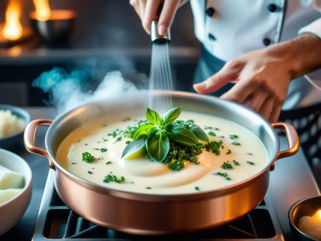 Chef mezclando una cremosa bechamel vegana en cazo de cobre, añadiendo hierbas frescas