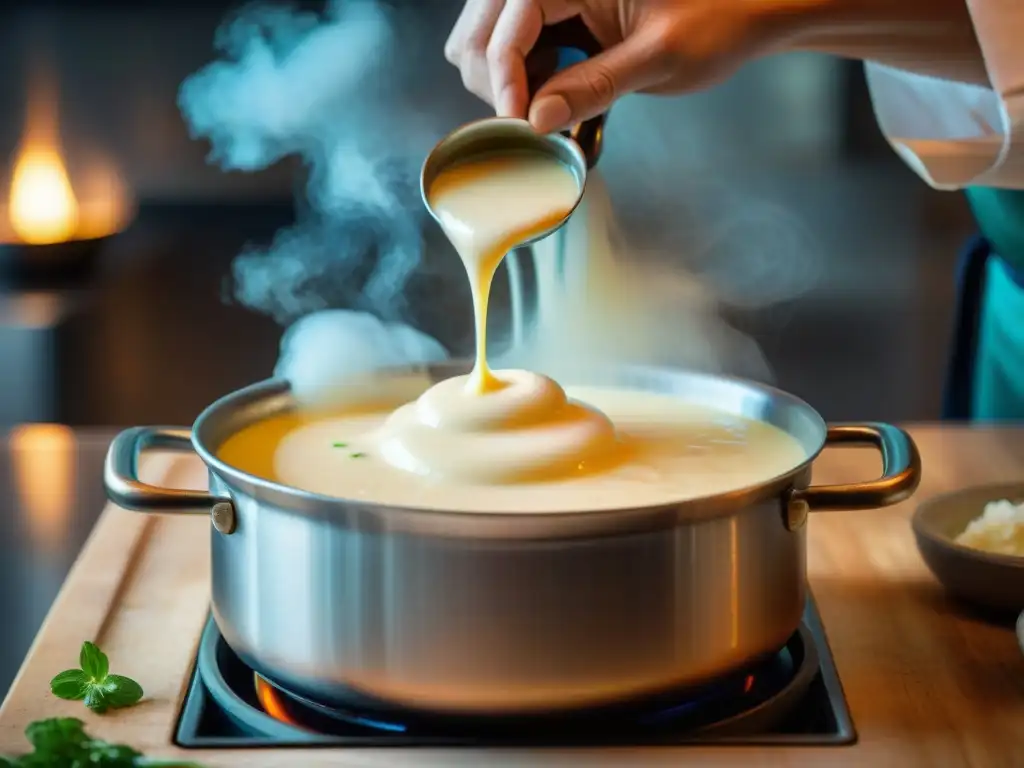 Chef removiendo la cremosa salsa Béchamel en olla burbujeante, ambiente de cocina italiana con utensilios de cobre y hierbas frescas