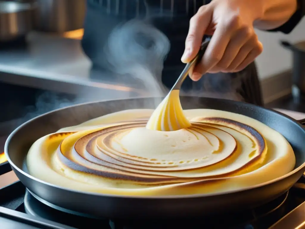 Un chef hábil crea una crêpe en una sartén caliente, mostrando las diferencias entre crêpes y galettes