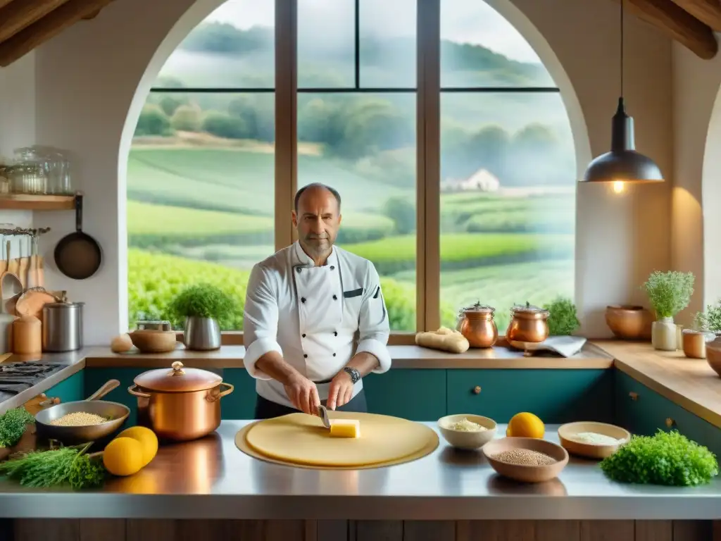 Chef francés prepara crepes bretones en cocina tradicional - 8k Un chef francés prepara una crepe de trigo sarraceno en una cocina bretona, rodeado de ingredientes frescos
