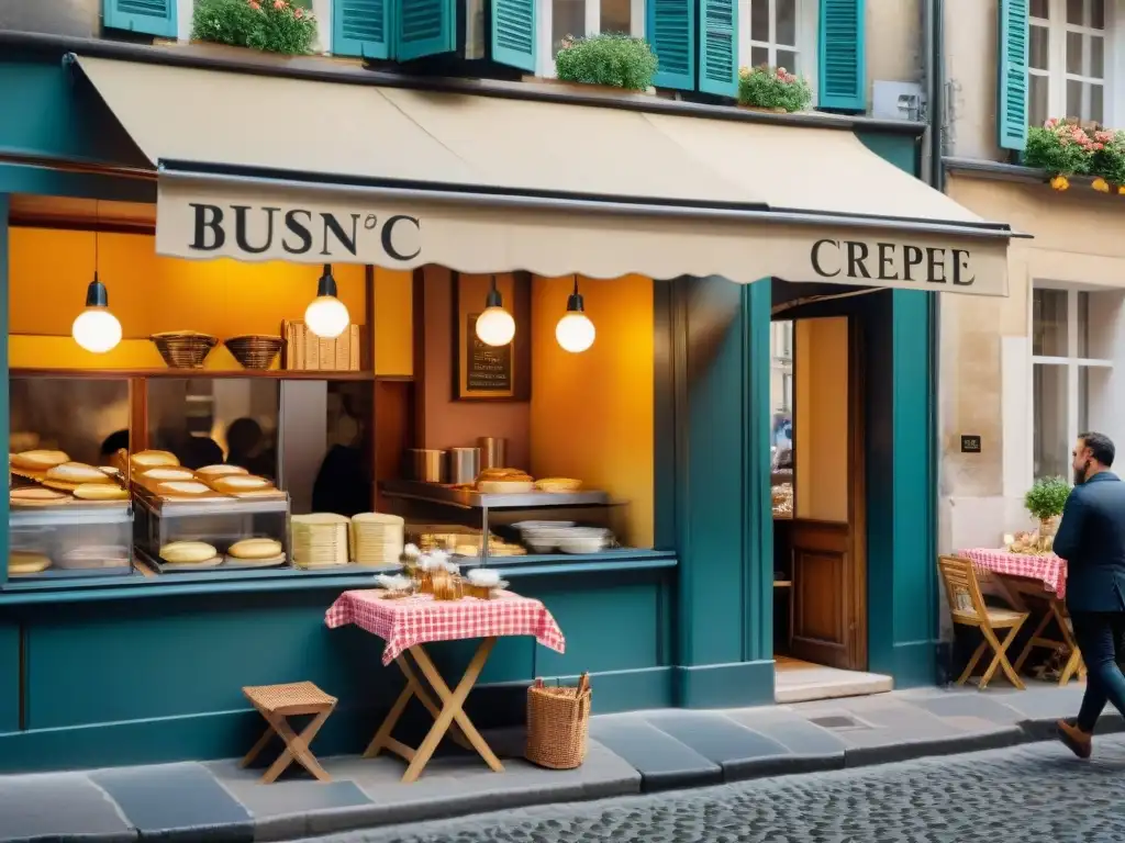 Un chef hábil preparando crepes en una crepería francesa con clientes esperando afuera