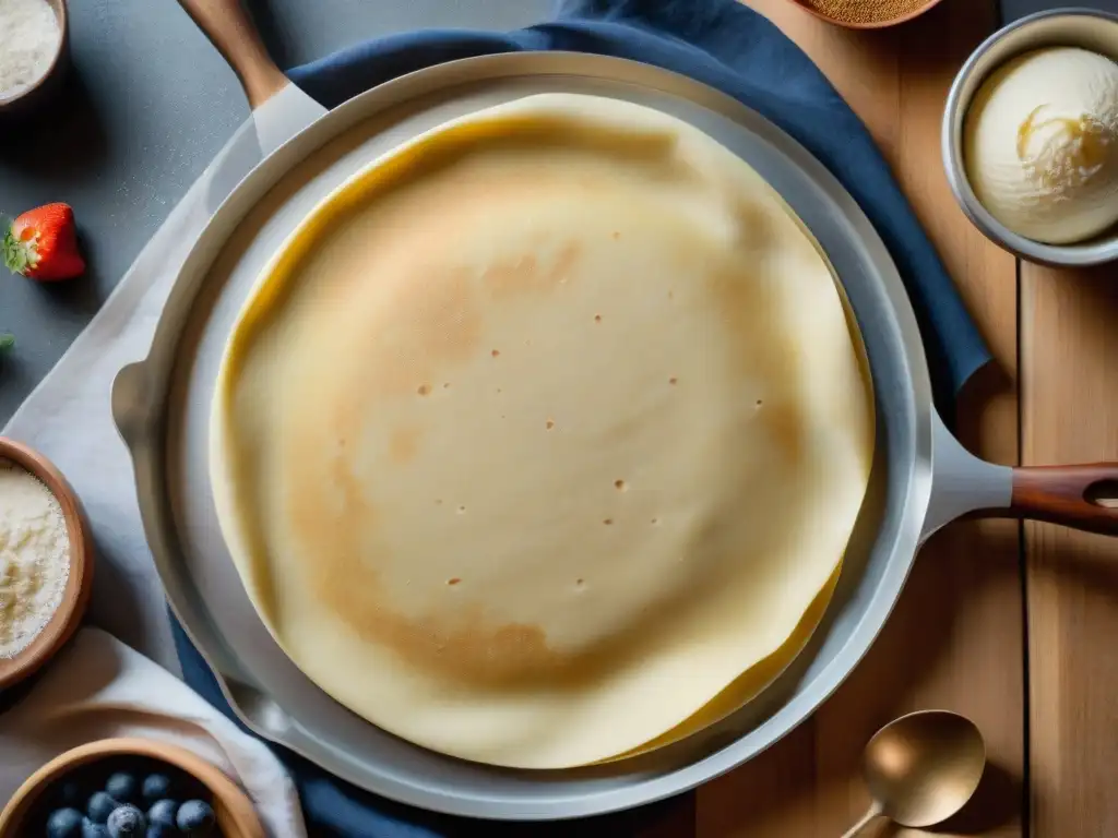 Un chef de crepes francés experto extendiendo hábilmente masa de crepes en una plancha redonda, en una cocina francesa rústica