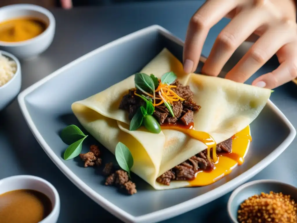 Un chef crea crepes rellenos asiáticos innovadores con bulgogi, vegetales y salsa de sésamo, en una cocina profesional iluminada