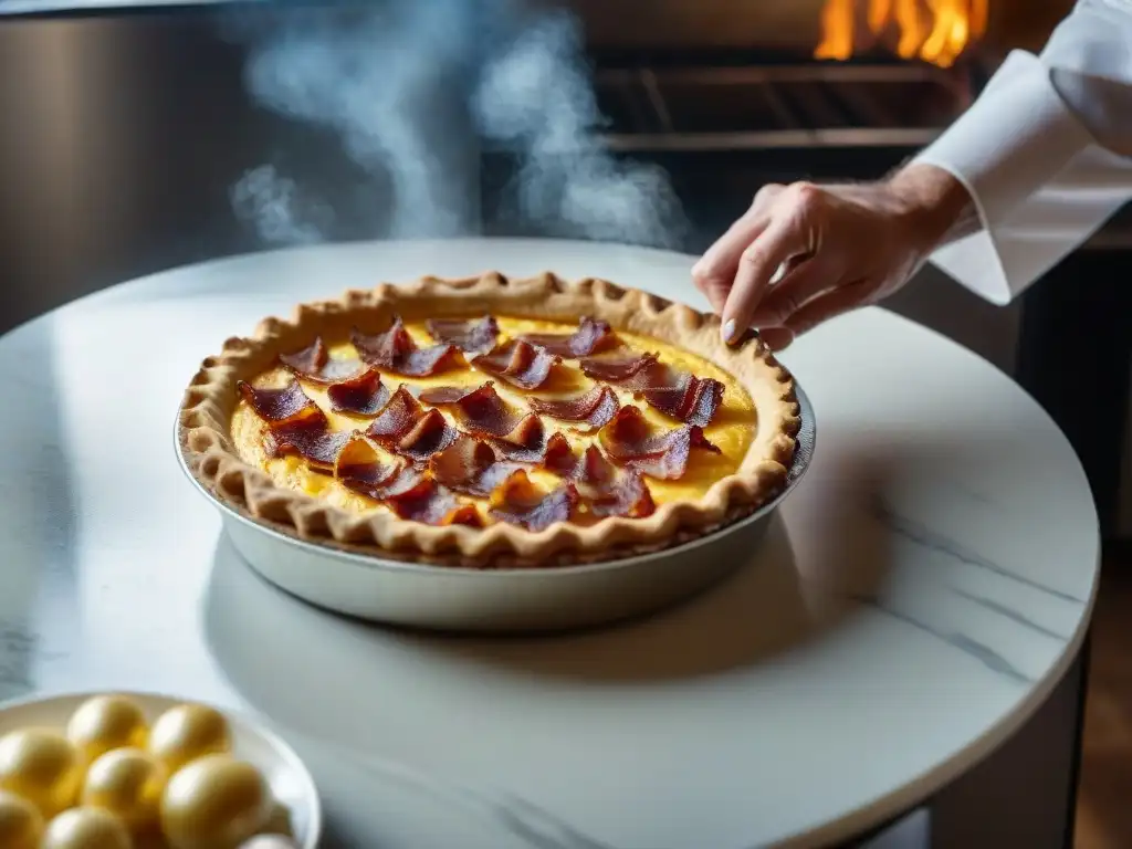 Chef espolvoreando crujientes trocitos de tocino sobre una quiche dorada recién salida del horno, en una receta auténtica quiche Lorraine