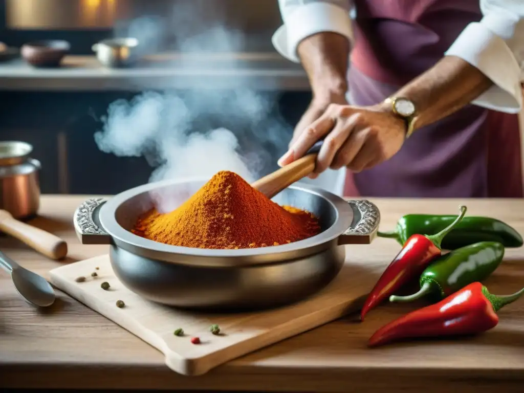 Un chef mezcla con cuidado Pimienta de Espelette en una cocina francesa tradicional