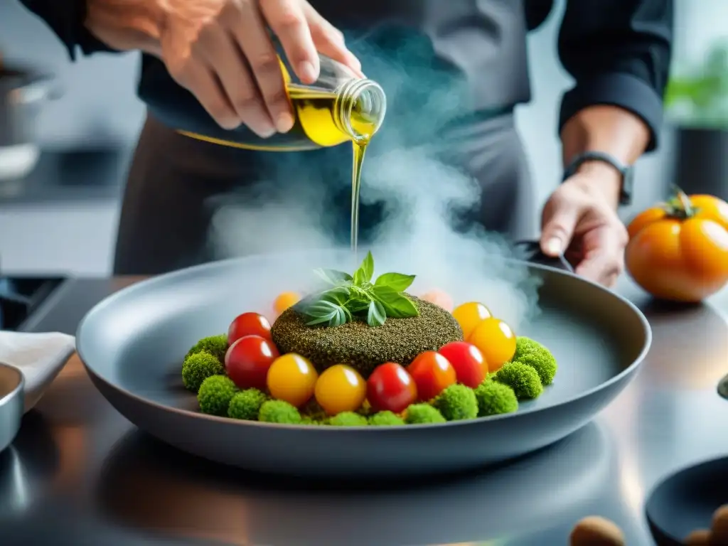 Chef preparando con cuidado ingredientes cocina francesa vegana en cocina moderna iluminada