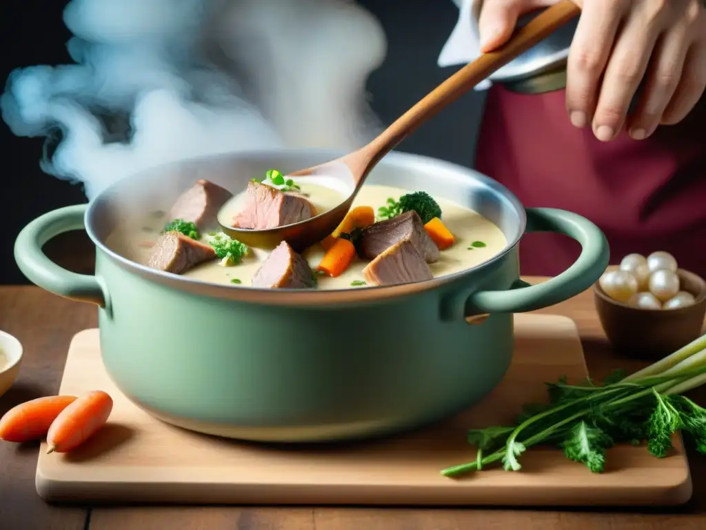 Un chef remueve con cuidado una olla de Blanquette de Veau, con ingredientes tradicionales franceses y una atmósfera cálida y aromática