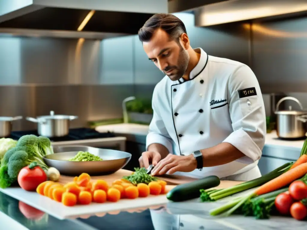 Chef francés preparando plato gourmet con destreza Un chef francés muestra innovación culinaria aplicada en una cocina profesional