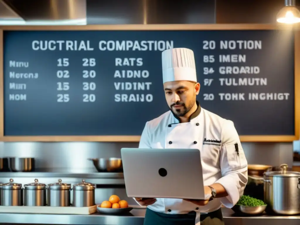 Chef analizando datos en laptop en cocina con menú y redes sociales