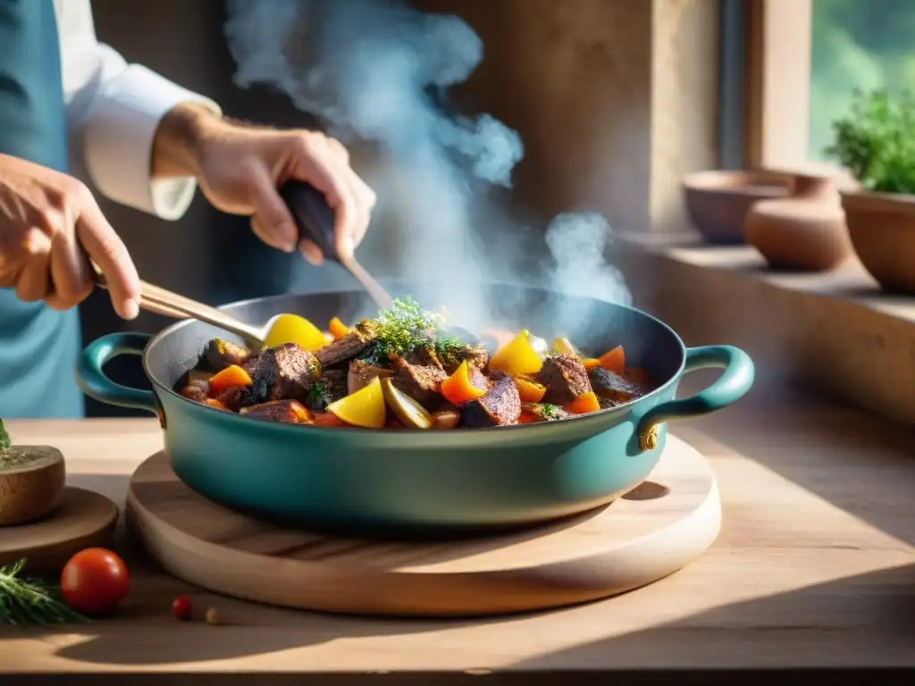 Un chef francés sazona una Daube Provençale, mostrando colores y texturas vibrantes