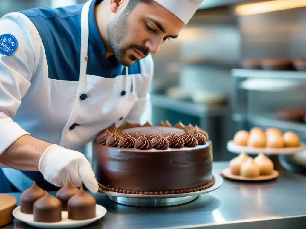 Chef de Le Cordon Bleu esculpe decoraciones de chocolate con precisión y arte en pastel decadente