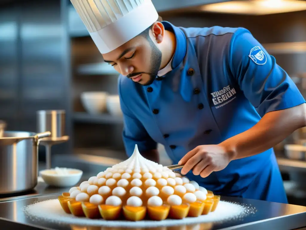 Un chef de Le Cordon Bleu esculpe una delicada escultura de azúcar en un aula culinaria elegante y tenue