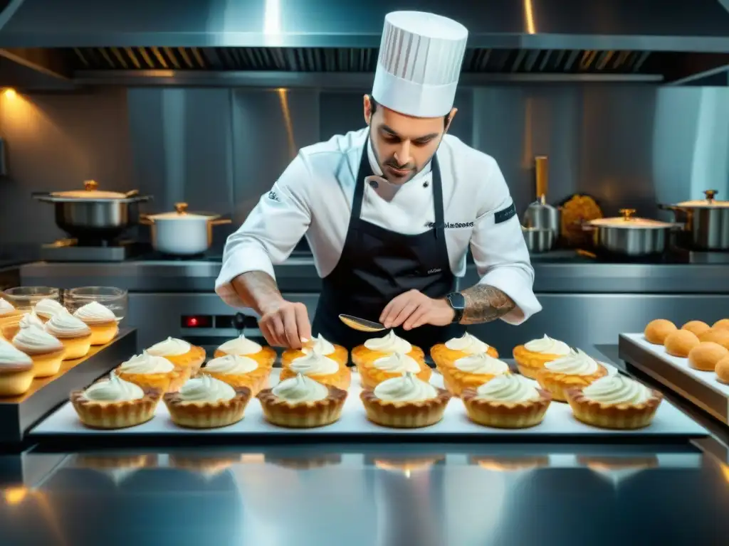 Chef francés innovador en cocina de alta tecnología Un chef francés crea una delicada pastelería en una cocina moderna y tecnológica, mostrando la innovación culinaria francesa