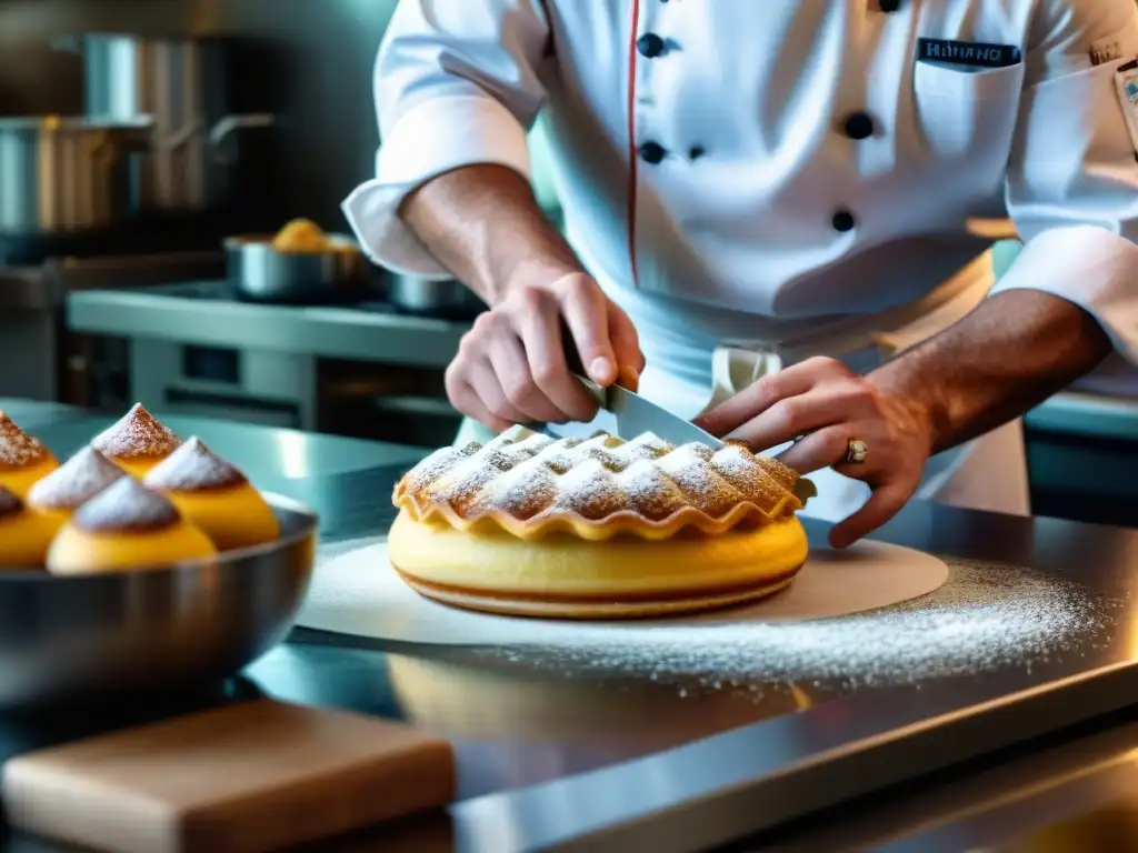 Un chef montando una delicada pastelería francesa en un concurso de cocina francesa innovador