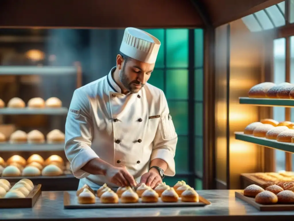 Un chef elaborando una delicada pastelería francesa en una panadería parisina, con una atmósfera nostálgica y auténtica